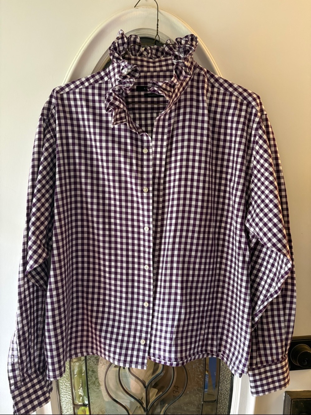 Gingham check Eggplant and White up-cycled Ruffle Collar Button-Down Blouse